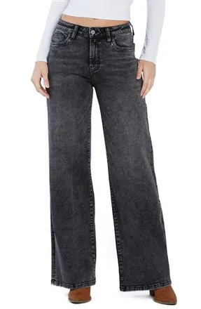 HINT OF BLU Mighty High Waist Wide Leg Jeans in Faded Black at Nordstrom, Size 25