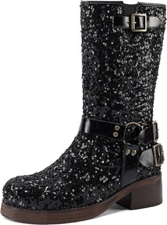 Generic Womens Pull on Wide-Calf Cowboy Boots Round Toe Glitter Mid-Calf Boots Block Heel Platform Party Prom Shoes,Black,5.5 UK