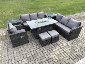 Fimous 9 Seater Wicker Rattan Garden Furniture Set Gas Fire Pit Dining Table Reclining Chair 3 Seater Sofa Set Indoor Outdoor with Side Table