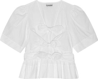 Ganni WHITE WASHED STRETCH COTTON TIE STRAP BLOUSE - Ganni - Woman