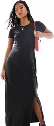 Vero Moda Petite knotted T-shirt maxi dress with split in black