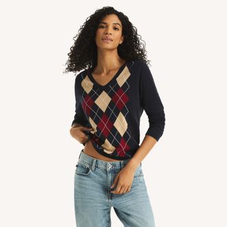 Nautica Womens V-Neck Argyle Sweater