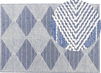 Beliani Alfombra De Lana Beige Claro Azul 160 X 230 Cm Hecho A Mano Geom&eacute;trico Datca