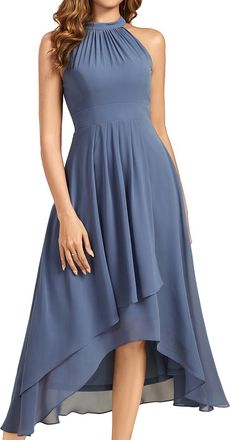 Ever-pretty Womens Midi Chiffon Wedding Guest Dress Halter Neck High Low Dusty Blue 10