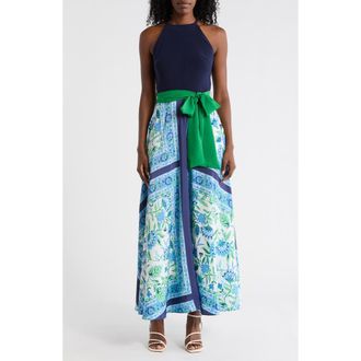 Eliza J Halter Neck Twofer Maxi Dress in Navy Multi at Nordstrom Rack, Size 10