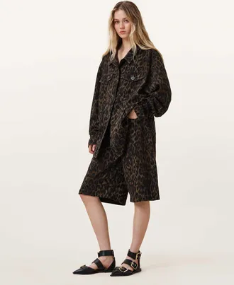 AllSaints Cotton Louie Leopard Print Long Shorts, Size: 26