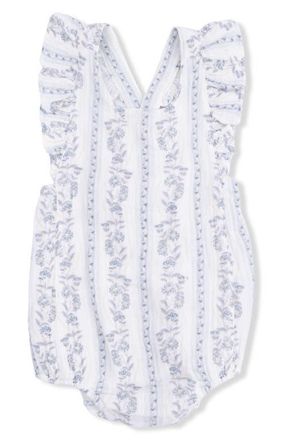 Angel Dear Kimberly Floral Stripe Organic Cotton Muslin Romper in Ivory Blue at Nordstrom, Size 12-18M