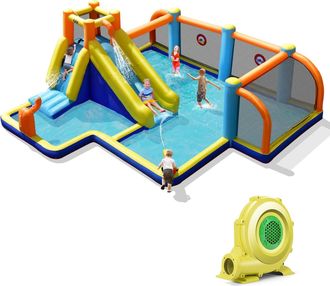 Costway Costway Tobog&aacute;n Acu&aacute;tico Inflable Con Tema F&uacute;tbol, Casa Inflable Con Compresor, Tobog&aacute;n Inflable Mojado Seco Con Piscina, Pared Para Escalar, Doble Hi