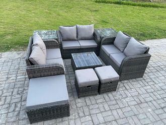 Fimous 9 Seater Outdoor Garden Furniture Sets Wicker Rattan Furniture Sofa Sets with Square Coffee Table Love seat Sofa 3 Footstools 2 Side Tables