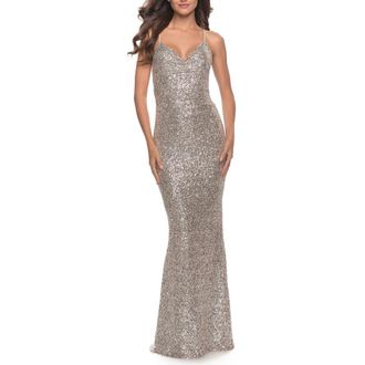 La Femme Soft Sequin Long Gown with Lace Up Back in Silver at Nordstrom, Size 2
