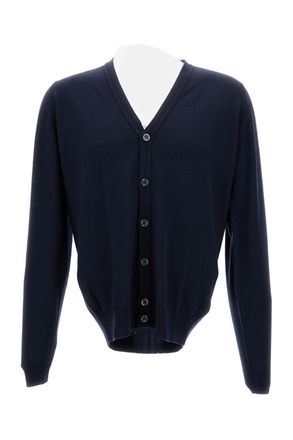 John Smedley Blue Midnight Merino Wool Cardigan With V-Neck And Button Closure
