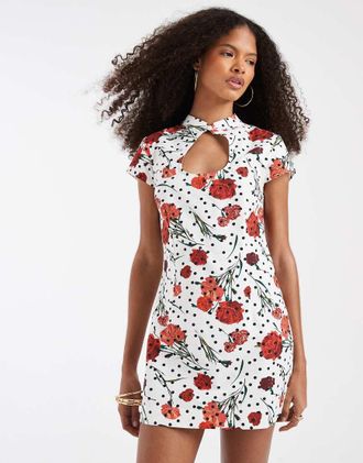 Asos Vestito corto in misto lino a pois e a fiori con cut-out a goccia-Multi