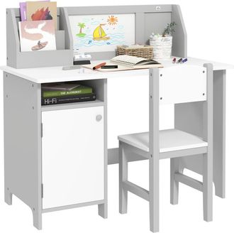 HOMCOM Juego De Mesa Y Silla Infantil De Madera Con Pizarra Blanca Mesa De Estudio Para Ni&ntilde;os De +5 A&ntilde;os Mueble Escritorio Infantil 90x45x85 Cm Gris - Homcom