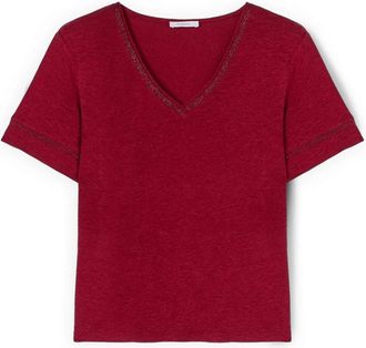 Motivi T-shirt van gemengd linnen met goudkleurige bies - Dames - T-shirts - Rood - XS - Linnen - Tops