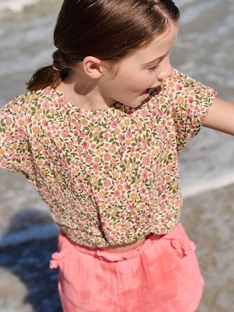 Vertbaudet Bluse mit &uuml;berschnittenen &Auml;rmeln, Crinkle-Effekt M&auml;dchen wei&szlig; bedruckt