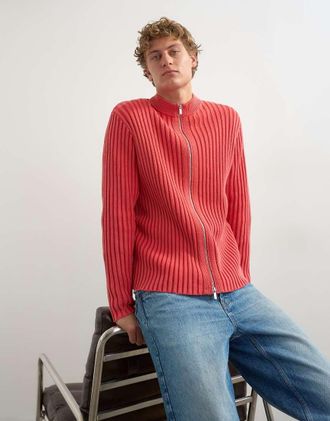Topman maglione lavorato a maglia vestibilit&agrave; classica con zip e coste larghe in rosso slavato
