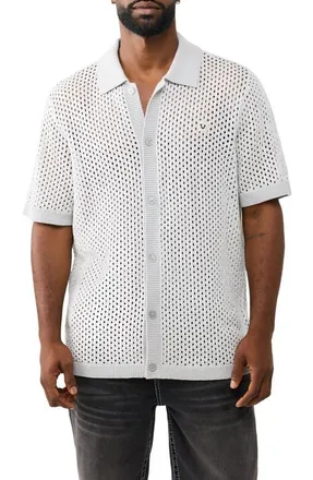 True Religion Sheer Cotton Open Stitch Button-Up Shirt in Quiet Grey at Nordstrom, Size Xxx-Large