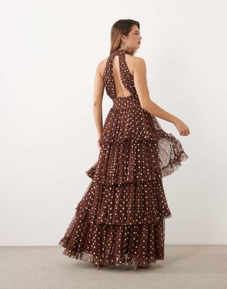 Lace & Beads vestito lungo in tulle a strati con collo alto a pois cioccolato e crema-Multicolore