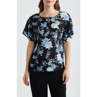 Anne Klein Floral Flutter Sleeve T-Shirt in Anne Black Multi at Nordstrom, Size Xx-Large