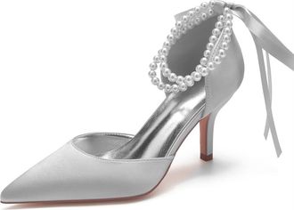 Generic Wedding Bridal Shoes Womens Heels Bridal Stiletto Heel Satin Pointed Toe Prom Party Dress Stiletto Heel Wedding Shoes 8Cm,Silver,10 UK