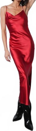 Greylin Isla Cowl Neck Satin Maxi With Slit In Red