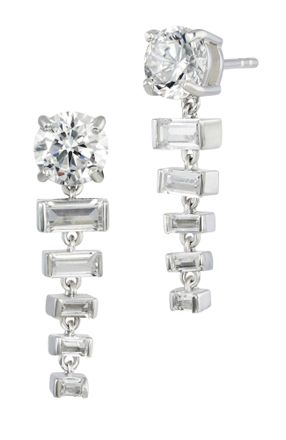 Savvy Cie Jewels RHODIUM PLATED ROUND AND STEP CUT GRADUATED WHITE CZ DROP EARRINGS