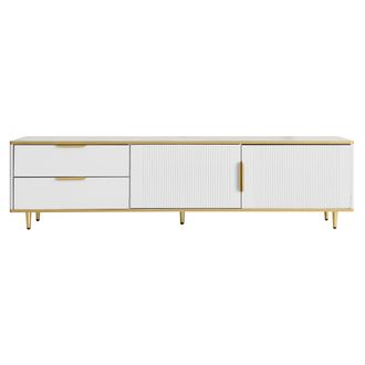 STILVORA Mueble De Tv Con 2 Puertas Y 2 Cajones, Frente Tallado, Tiradores Y Patas Doradas, 175&times;40&times;45 Cm, De Aglomerado, Blanco