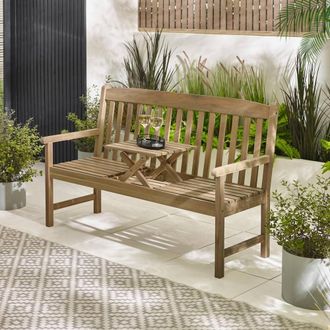 Furniturebox Lox 2 Seat Solid Wood Outdoor Bench with Table in Light Brown
