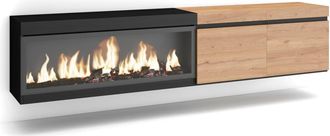 Skraut Home Mueble tv efecto madera roble negro 208x35x45cm chimenea efecto fuego