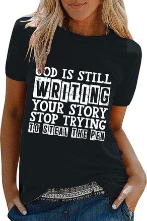Generic Shirts God is Still Writing Your Story Stop Trying to Steal The Pen Funny Gifts for Women Stylish Tee Tops Cotton Blouses for Women (Black, XL)