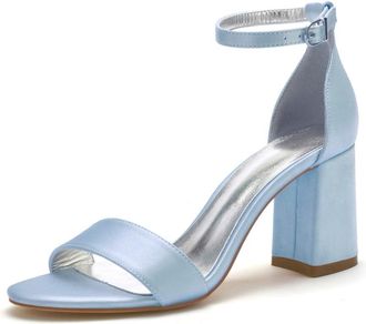 Generic Wedding Bridal Shoes Womens Heeled Sandals Chunky Heels Satin Bridal Dress Wedding High Heels Shoes 8Cm,Sky Blue,10 UK