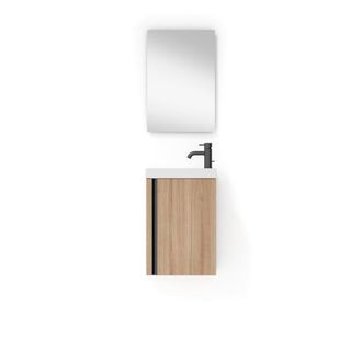 Saniclass Chaci Fonteinkastset - 40x55cm - 1 deur - mineraalmarmer fonteinwastafel - met rechthoekige spiegel - warm eiken