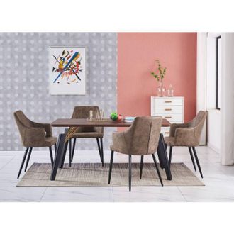 Life Interiors Cosmo lux Zarah Dining Set - un tavolo da pranzo in legno di noce e un set di 4 sedie da pranzo in pelle marrone - Sala da pranzo Cucina