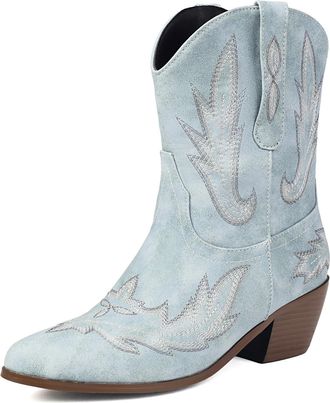 Generic Womens Pull on Mid-Calf Boots with Embroidery Stitched Round Toe PU Leather Short Boots Block Heel Western Booties,Blue,7.5 UK