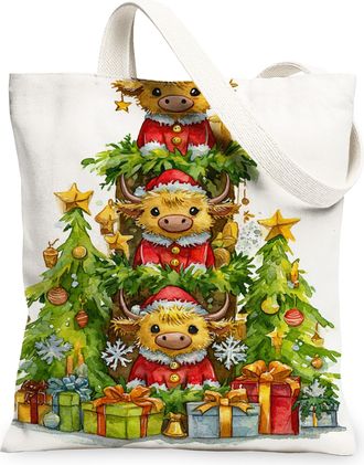 Generic Christmas Animals Canvas Tote Bags, Adorable Holiday Cow Design Reusable Grocery Bags, Lightweight Washable Shoulder Strap, White, 13x15 Inch