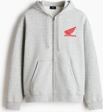 H&M Loose Fit Printed Zip-through Hoodie in Light Gray Melange/honda at Nordstrom, Size Xx-Large