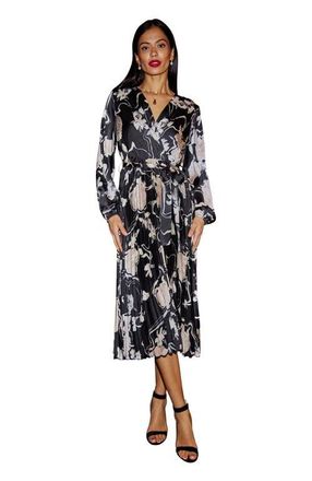 Yumi Floral Satin Long Sleeve Midi Dress in Black at Nordstrom, Size 10