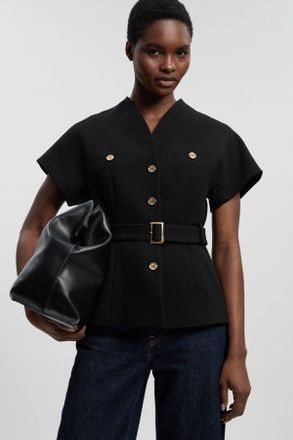 Karen Millen Womens Textured Compact Stretch High Neck Belted Top - Black - Size 10 UK