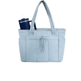 Generic Quilted Tote Bag with Cup Holder & Laptop Compartment, Large Capacity Cute Puffer Crossbody Travel Work Bags for Women (1, Blue)