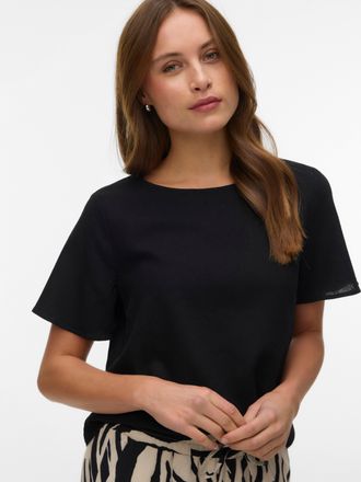 Vero Moda Blusenshirt VERO MODA VMMYMILO SS O-NECK TOP WVN GA, Damen, Gr. XL, schwarz, Web, Obermaterial: 55% Viskose, 45% Leinen, unifarben, regular fit normal