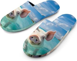 Generic Swimming Pigs Mens Slippers Flannel Warm House Shoes with Rubber Anti-Slip Sole Slip On for Home Outdoor