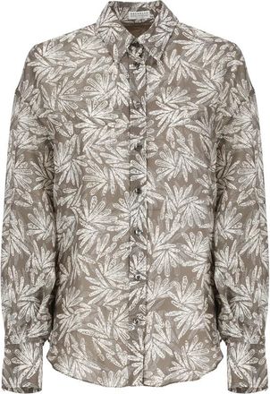 Brunello Cucinelli Chocolate Beige Patterned Button-Up Shirt, Size X-Small