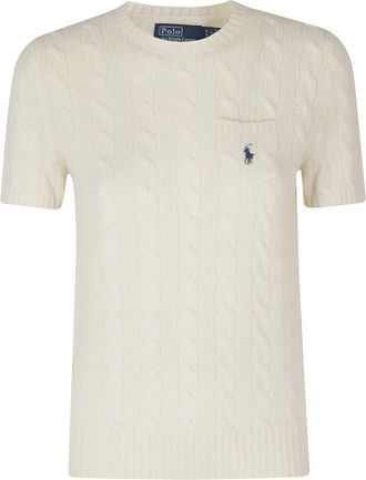 Polo Ralph Lauren Pullover met kabels en borstzak- korte mouwen - Dames - Ronde hals truien - Beige - S - Wol - Truien & Vesten