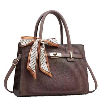 Generic Womens Light Luxury Textured Handbag with Decorative Scarf, Structured Tote Bag with Metal Hardware (Brown)
