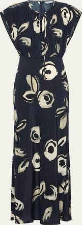 Max Mara Cap-Sleeve Floral-Print Silk Belted Maxi Dress