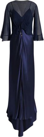 Alberta Ferretti Lange Satijnen Jurk met Cape - Dames - Avondkleed - Blauw - 2XL - Satijn - Kleedjes
