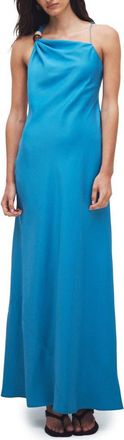 Topshop Asymmetrical Beaded Neck Satin Maxi Dress in Mblue at Nordstrom, Size 12