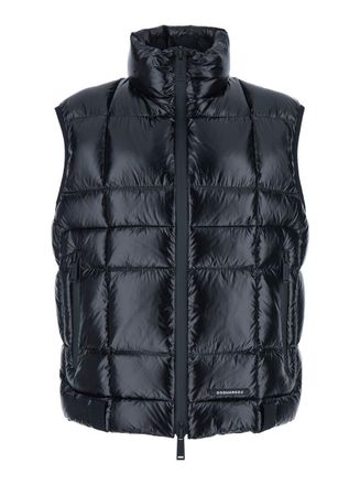 Dsquared2 Black Sleeveless Down Jacket With High Neck And Logo Patch On The Front In Tech Fabric Man