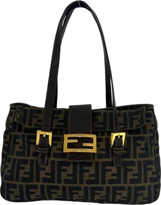 Fendi Black Brown Canvas Leather Handbag Tote Bag (Pre-Owned)
