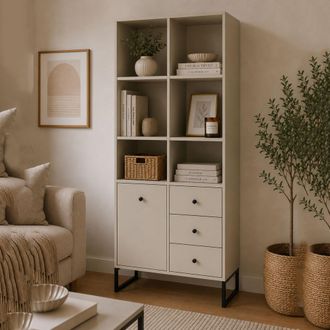 Dmora Aparador Lerena, Mueble 3 Cajones, 5 Estantes, Puerta Abatible, Corredera, 77x33x180h Cm Beige Cashmere